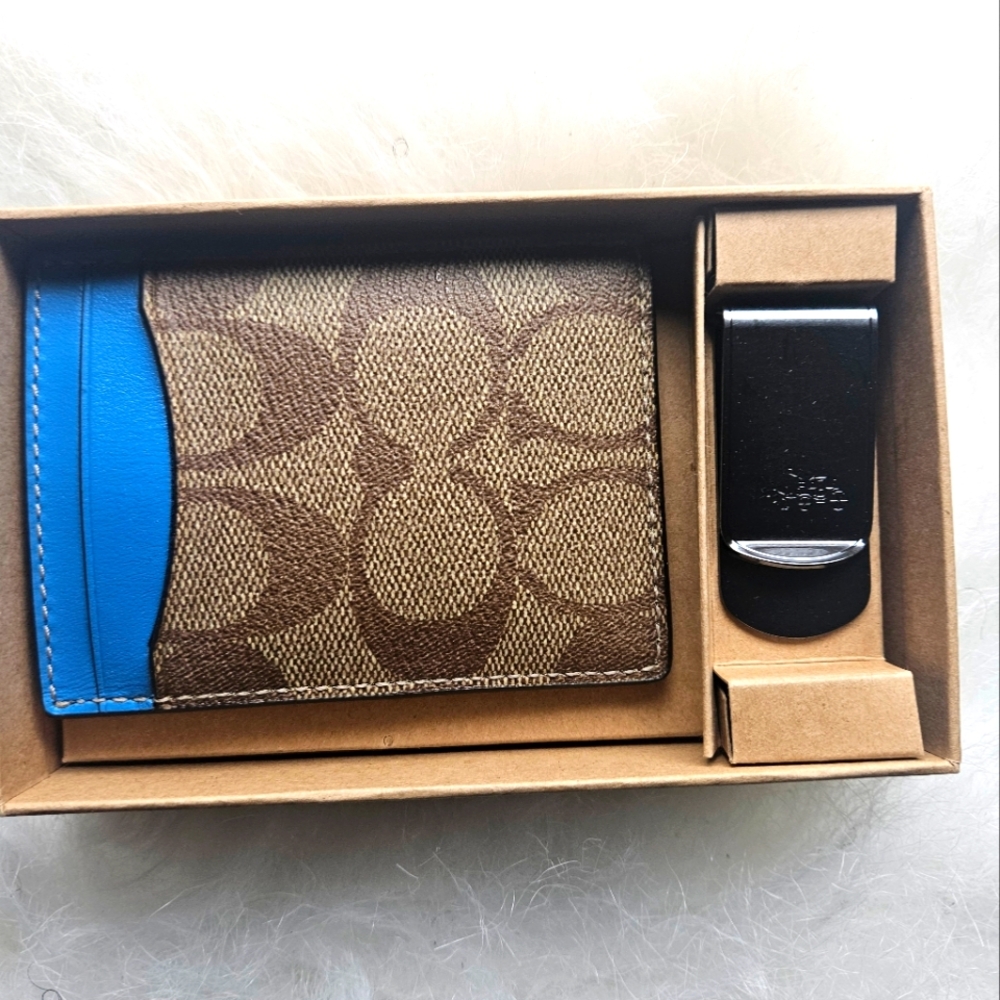 Coach Brown and Blue Card Holder Wallet with Black Money Clip